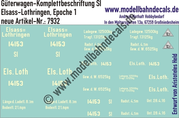 "Nass-Schiebebilder: Güterwagen-Komplettbeschriftung Sl, Elsass-Lothingen, Epoche 1. Artikel-Nummer: 7932"