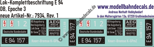 "Nass-Schiebebilder: Lok-Komplettbeschriftung E 94, DB, Epoche 3. Artikel-Nummer: 7934"