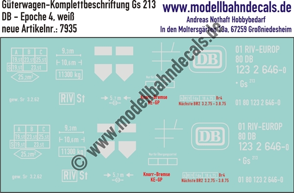 Nass-Schiebebilder: Güterwagen-Komplettbeschriftung Gs 213 - DB - Epoche 4. Artikel-Nummer: 7935