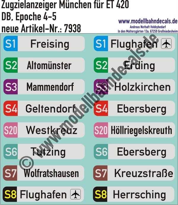 "Nass-Schiebebilder: Zugzielanzeiger München z.B. für ET 420, Epoche 4-5. Artikel-Nummer: 7938"