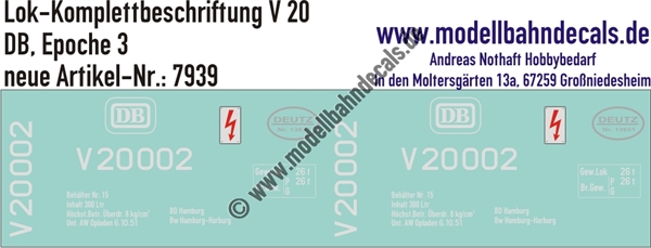 Nass-Schiebebilder: Lok-Komplettbeschriftung V 20, DB, Epoche 3. Artikel-Nummer: 7939
