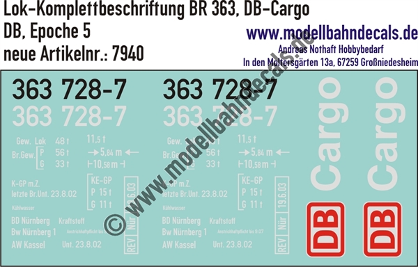 "Nass-Schiebebilder: Lok-Komplettbeschriftung BR 363, DB-Cargo, Epoche 5. Artikel-Nummer: 7940"