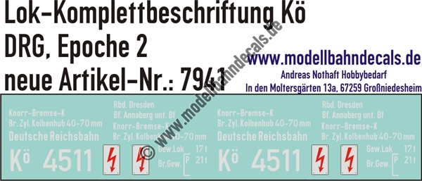"Nass-Schiebebilder: Lok-Komplettbeschriftung Kö, DRG, Epoche 2. Artikel-Nummer: 7941"