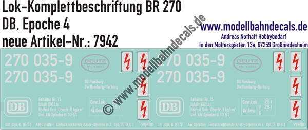 "Nass-Schiebebilder: Lok-Komplettbeschriftung BR 270, DB, Epoche 4. Artikel-Nummer: 7942"