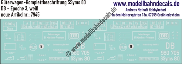 "Nass-Schiebebilder: Güterwagen-Komplettbeschriftung SSyms 80, DB, Epoche 3. Artikel-Nummer: 7945"
