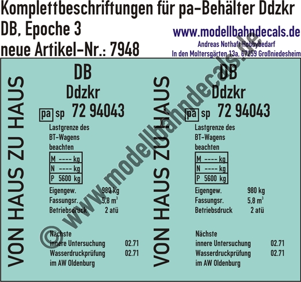 "Nass-Schiebebilder: Komplettbeschriftung für pa-Behälter Ddzkr, DB, Epoche 3. Artikel-Nummer: 7948"