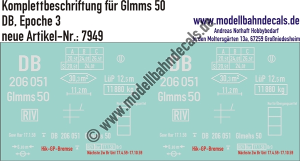 "Nass-Schiebebilder: Güterwagen-Komplettbeschriftung Glmms 50, DB, Epoche 3. Artikel-Nummer: 7949"