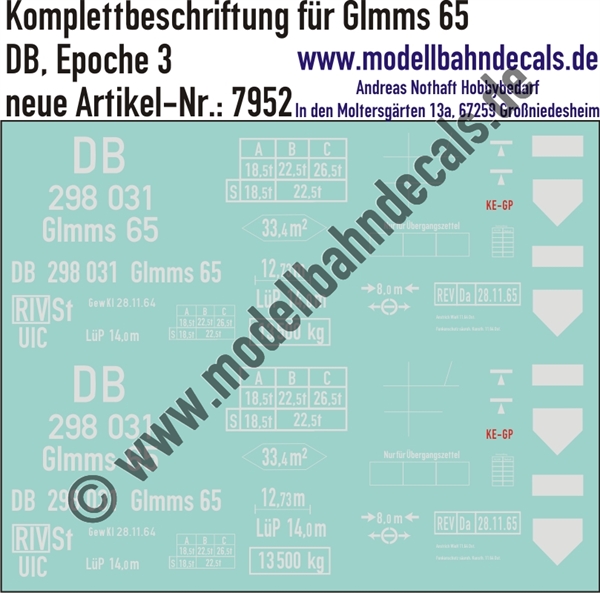 "Nass-Schiebebilder: Güterwagen-Komplettbeschriftung Glmms 65, DB, Epoche 3. Artikel-Nummer: 7952"