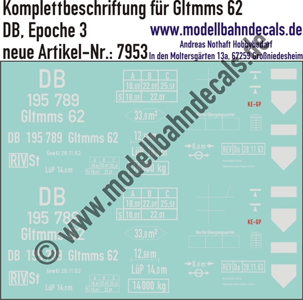 "Nass-Schiebebilder: Güterwagen-Komplettbeschriftung Gltmms 62, DB, Epoche 3. Artikel-Nummer: 7953"