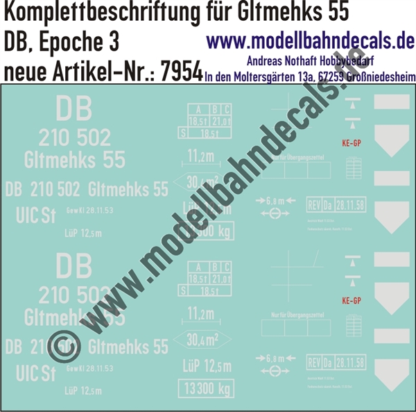 "Nass-Schiebebilder: Güterwagen-Komplettbeschriftung Gltmehks 55, DB, Epoche 3. Artikel-Nummer: 7954"