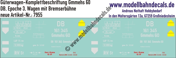 "Nass-Schiebebilder: Güterwagen-Komplettbeschriftung Gmmehs 60 (Wagen mit Bremserbühne), DB, Epoche 3. Artikel-Nummer: 7955"