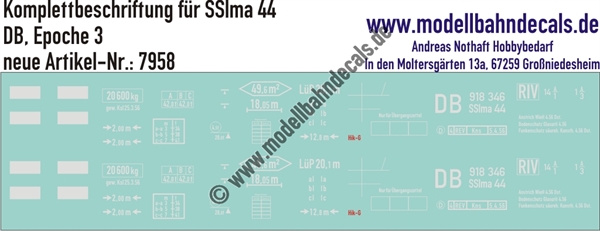 "Nass-Schiebebilder: Güterwagen-Komplettbeschriftung SSlma 44, DB, Epoche 3. Artikel-Nummer: 7958"