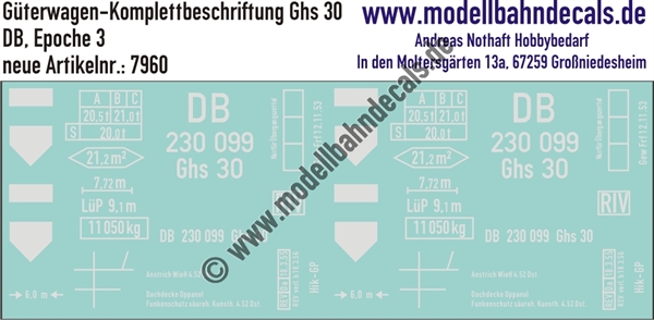 "Nass-Schiebebilder: Güterwagen-Komplettbeschriftung Ghs 30, DB, Epoche 3. Artikel-Nummer: 7960"