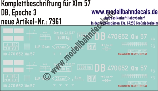 "Nass-Schiebebilder: Güterwagen-Komplettbeschriftung Xlm 57, DB, Epoche 3. Artikel-Nummer: 7961"