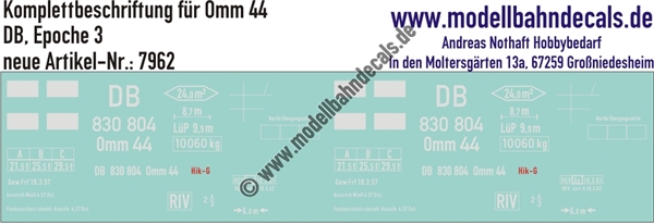 "Nass-Schiebebilder: Güterwagen-Komplettbeschriftung Omm 44, DB, Epoche 3. Artikel-Nummer: 7962"