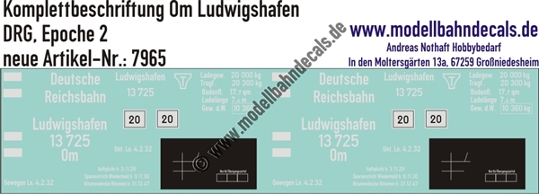 "Nass-Schiebebilder: Güterwagen-Komplettbeschriftung Om Ludwigshafen, DRG, Epoche 2. Artikel-Nummer: 7965"