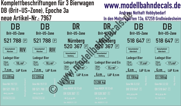 "Nass-Schiebebilder: 3 Güterwagen-Komplettbeschriftungen für Bierwagen, DB (Brit-US-Zone), Epoche 3a. Artikel-Nummer: 7967"
