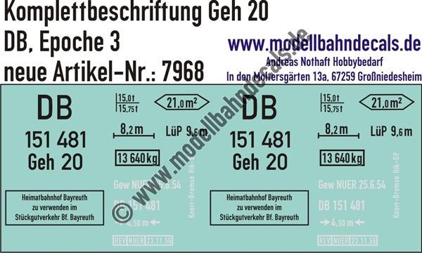 "Nass-Schiebebilder: Güterwagen-Komplettbeschriftung Geh 20, DB, Epoche 3. Artikel-Nummer: 7968"