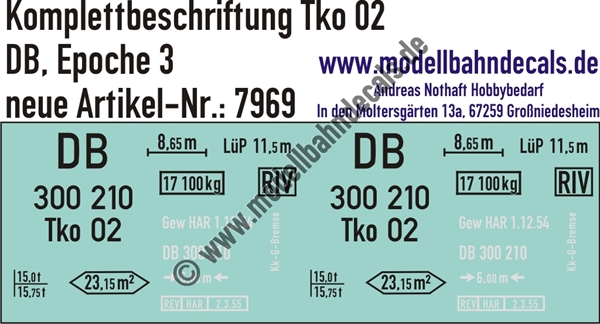 "Nass-Schiebebilder: Güterwagen-Komplettbeschriftung Tko 02, DB, Epoche 3. Artikel-Nummer: 7969"