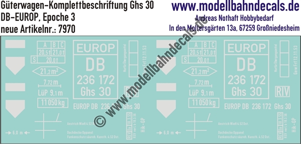 "Nass-Schiebebilder: Güterwagen-Komplettbeschriftung Ghs 30, DB-EUROP, Epoche 3. Artikel-Nummer: 7970"