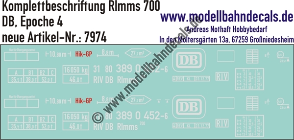 "Nass-Schiebebilder: Güterwagen-Komplettbeschriftung Rlmms 70, DB, Epoche 4. Artikel-Nummer: 7974"