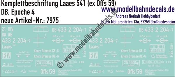 "Nass-Schiebebilder: Güterwagen-Komplettbeschriftung Laaes 541 (ex Offs 59), DB, Epoche 4. Artikel-Nummer: 7975"