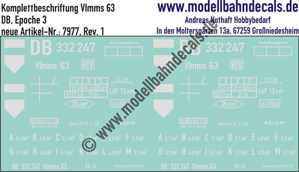 "Nass-Schiebebilder: Güterwagen-Komplettbeschriftung Vlmms 63, DB, Epoche 3. Artikel-Nummer: 7977"