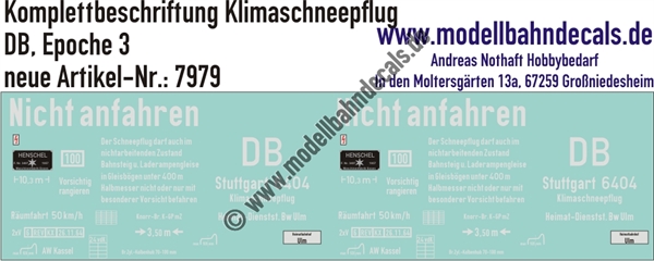 "Nass-Schiebebilder: Komplettbeschriftung Klimaschneepflug Stuttgart 6404, DB, Epoche 3. Artikel-Nummer: 7979"