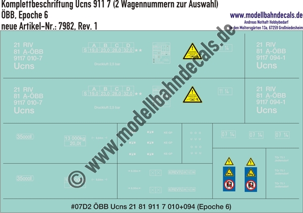 Nass-Schiebebilder: Güterwagen-Komplettbeschriftung Ucns 911 7, ÖBB, Epoche 4/5 (2 Wagennummern zur Auswahl). Artikel-Nummer: 7982