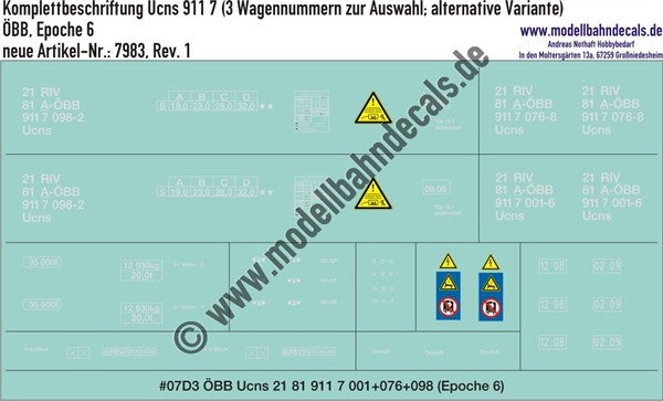 Nass-Schiebebilder: Güterwagen-Komplettbeschriftung Ucns 911 7, ÖBB, Epoche 4/5 (3 Wagennummern zur Auswahl). Artikel-Nummer: 7983