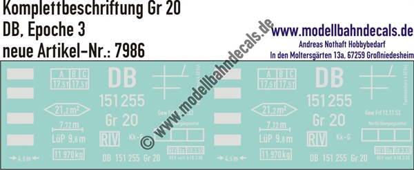 "Nass-Schiebebilder: Güterwagen-Komplettbeschriftung Gr 20, DB, Epoche 3. Artikel-Nummer: 7986"
