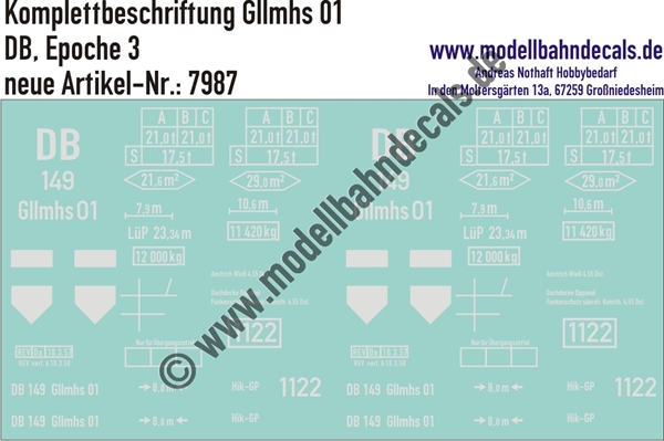 "Nass-Schiebebilder: Güterwagen-Komplettbeschriftung Gllmhs 01, DB, Epoche 3. Artikel-Nummer: 7987"