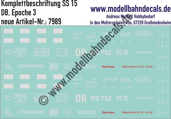 "Nass-Schiebebilder: Güterwagen-Komplettbeschriftung SS 15 , DB, Epoche 3. Artikel-Nummer: 7989"
