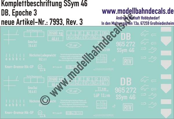"Nass-Schiebebilder: Güterwagen-Komplettbeschriftung SSym 46, DB, Epoche 3. Artikel-Nummer: 7993"