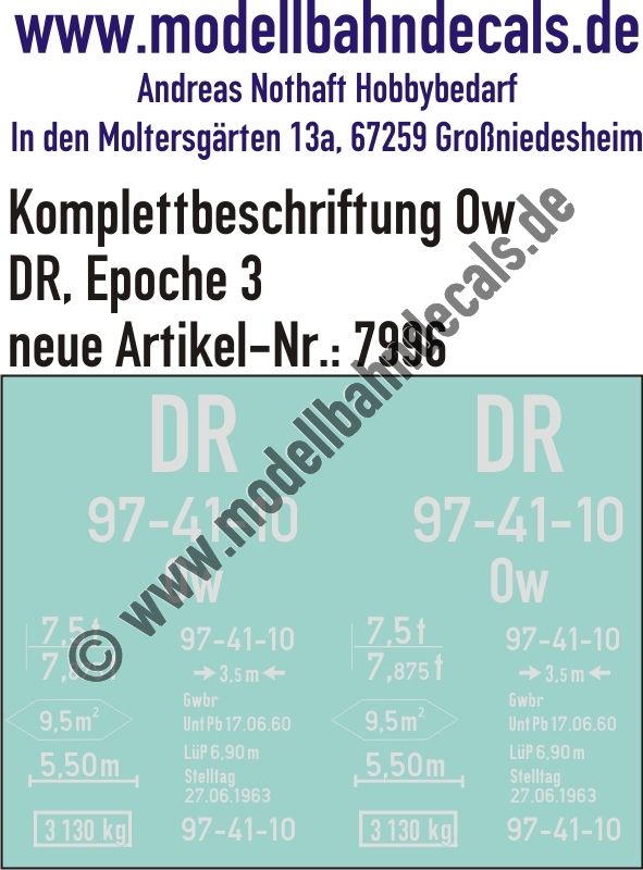 "Nass-Schiebebilder: Güterwagen-Komplettbeschriftung Ow, DR, Epoche 3. Artikel-Nummer: 7996"