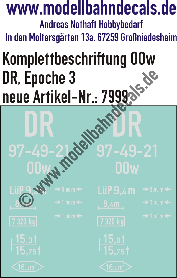 "Nass-Schiebebilder: Güterwagen-Komplettbeschriftung OOw, DR, Epoche 3. Artikel-Nummer: 7999"