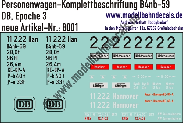 Nass-Schiebebilder: Personenwagen-Komplettbeschriftung B4nb-59 (Silberling) DB Epoche 3. Artikel-Nummer: 8001