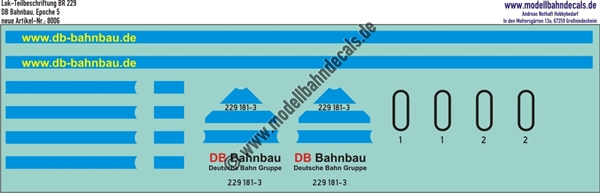 "Nass-Schiebebilder: Lok Teilbeschriftung BR 229, DB-Bahnbau, Epoche 5. Artikel-Nummer: 8006"