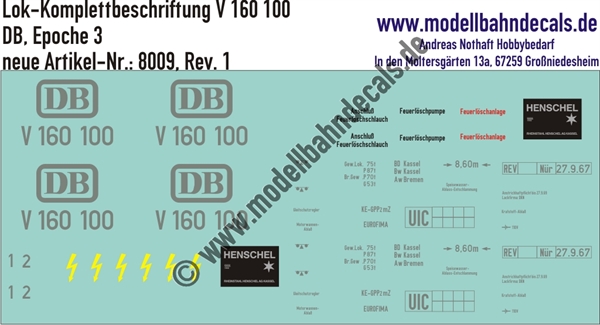 "Nass-Schiebebilder: Lok Komplettbeschriftung V 160 100, DB, Epoche 3. Artikel-Nummer: 8009"