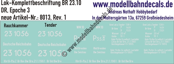"Nass-Schiebebilder: Lok Komplettbeschriftung BR 23.10, DR, Epoche 3. Artikel-Nummer: 8013"
