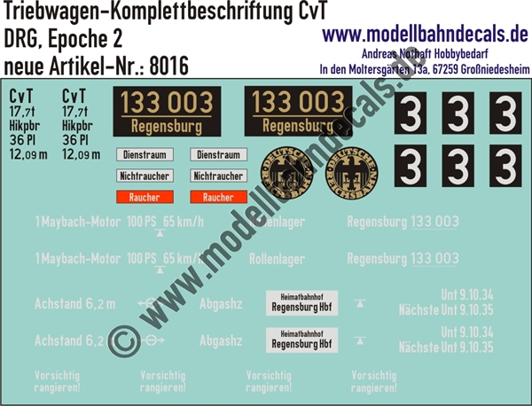 "Nass-Schiebebilder: Triebwagen Komplettbeschriftung CvT, DRG, Epoche 2. Artikel-Nummer: 8016"