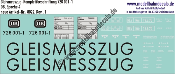 "Nass-Schiebebilder: Gleismesszug Komplettbeschriftung 726 001-2, DB, Epoche 4. Artikel-Nummer: 8022"