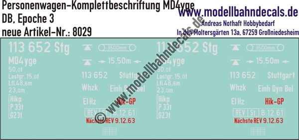 "Nass-Schiebebilder: Personenwagen-Komplettbeschriftung MD4yge, DB, Epoche 3. Artikel-Nummer: 8029"