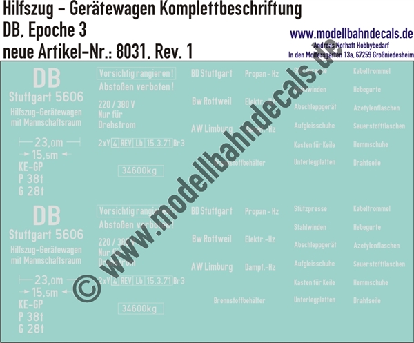 "Nass-Schiebebilder: Hilfszug Gerätewagen Komplettbeschriftung, DB, Epoche 3. Artikel-Nummer: 8031"