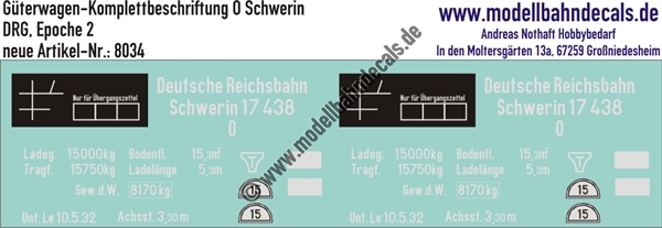 "Nass-Schiebebilder: Güterwagen Komplettbeschriftung O Schwerin, DRG, Epoche 2. Artikel-Nummer: 8034"