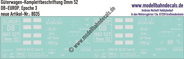 "Nass-Schiebebilder: Güterwagen-Komplettbeschriftung Omm 52, DB-EUROP, Epoche 3. Artikel-Nummer: 8035"