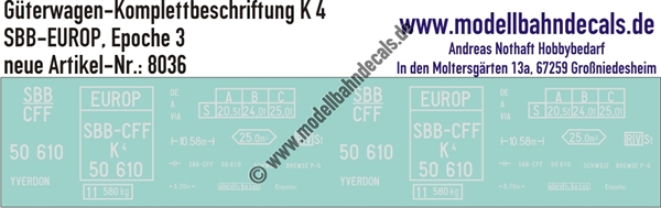 "Nass-Schiebebilder: Güterwagen-Komplettbeschriftung K 4, SBB-EUROP, Epoche 3. Artikel-Nummer: 8036"