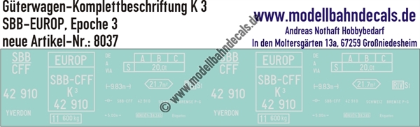 "Nass-Schiebebilder: Güterwagen-Komplettbeschriftung K 3, SBB-EUROP, Epoche 3. Artikel-Nummer: 8037"