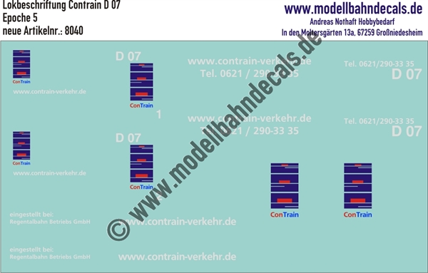 Nass-Schiebebilder: Lokbeschriftung Contrain Lok D 07. Artikel-Nummer: 8040