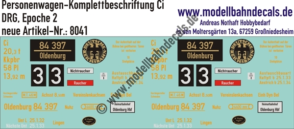 "Nass-Schiebebilder: Personenwagen Komplettbeschriftung Ci (Donnerbüchse), DRG, Epoche 2. Artikel-Nummer: 8041"